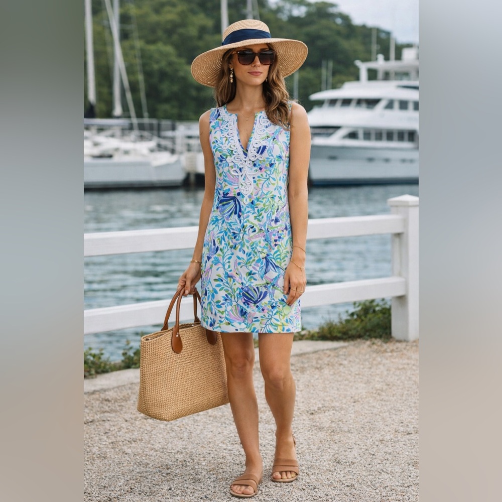 Lilly Pulitzer Sleeveless Floral V-Neck Dress in Blue & Green